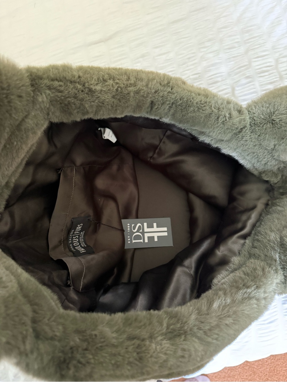 DSF Faux Fur Bucket Hat in Olive Green